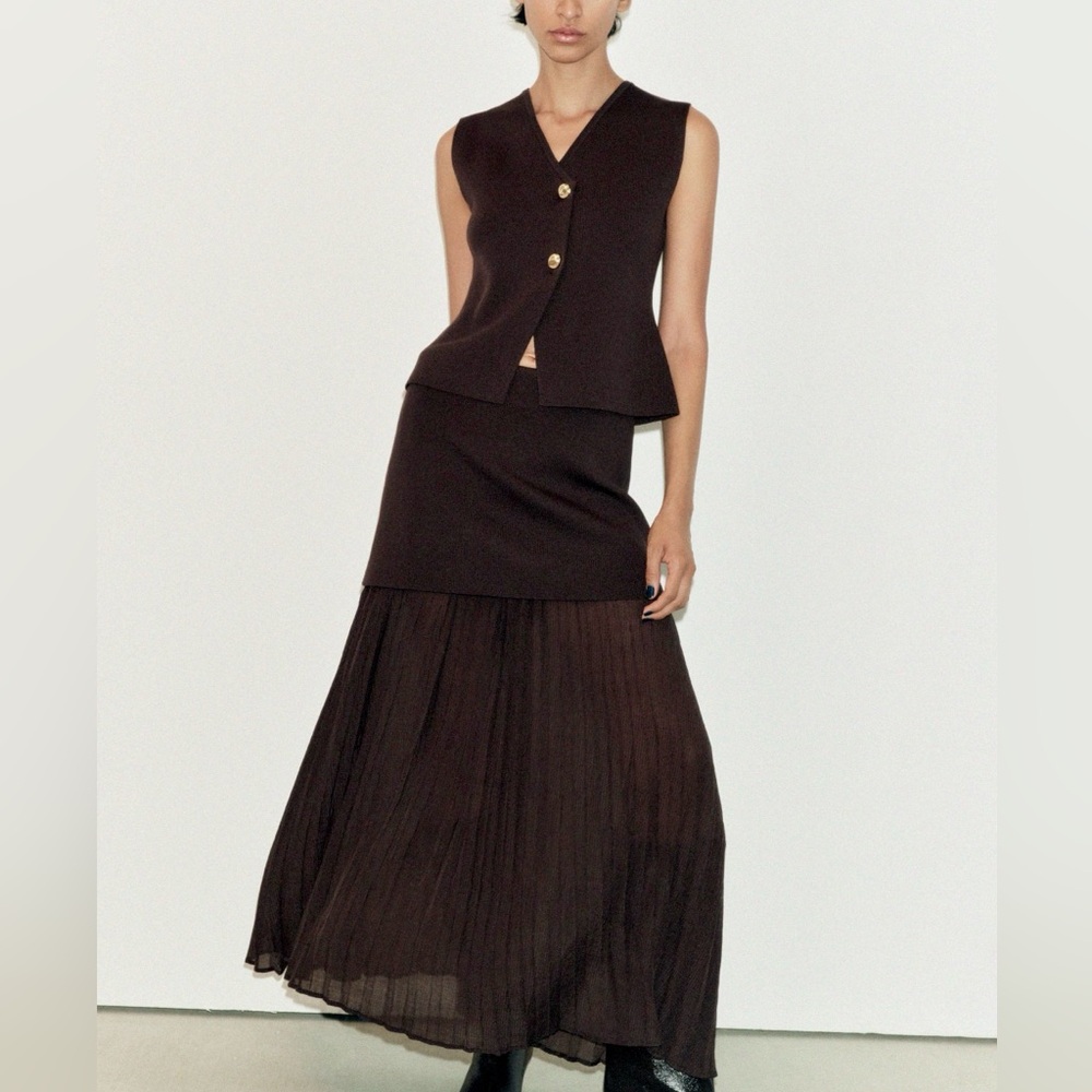 Zara NWT dark brown mixed combination midi pleated contrasting skirt - Picture 4 of 15